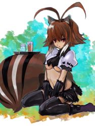 Rule 34 | 1girl, adapted costume, alternate costume, animal ears, antenna hair, arc system works, blazblue, blazblue: continuum shift, breasts, brown hair, glass, gond, makoto nanaya, midriff, miniskirt, navel, red eyes, revealing clothes, short hair, sitting, skirt, solo, squirrel ears, squirrel tail, tail, thighhighs, underboob, wariza