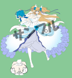 Rule 34 | 1girl, alternate costume, aoi nagisa (metalder), blonde hair, blue eyes, breast focus, breasts, bridal bouquet, bride, character sheet, cleavage, concept art, covered navel, dress, earrings, elbow gloves, flower, gloves, high heels, highres, huge breasts, jewelry, jumping, lilith-soft, long hair, official alternate costume, onizaki kirara, simple background, taimanin (series), taimanin rpgx, twintails, wedding dress, wide hips