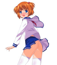 Rule 34 | 1girl, a1 (initial-g), ass, back, blue eyes, blush, clothes lift, embarrassed, fang, flat ass, from behind, hair bobbles, hair ornament, highres, kataoka yuuki, looking back, no panties, non-web source, orange hair, pleated skirt, saki (manga), school uniform, serafuku, short hair, short twintails, simple background, skirt, skirt lift, solo, standing, sweatdrop, thighhighs, twintails, two side up, white thighhighs, wind, wind lift