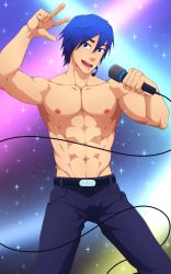 Rule 34 | 1boy, abs, belt, blue eyes, blue hair, catnappe143, highres, kaito (vocaloid), looking at viewer, male focus, microphone, muscular, nipples, pants, topless male, smile, sweat, v, vocaloid