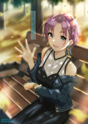 Rule 34 | 1girl, :d, absurdres, antenna hair, asakura toru, bench, black dress, blue eyes, blue jacket, blush, dress, earrings, hand up, highres, idolmaster, idolmaster shiny colors, jacket, jewelry, kanji, leaf, long sleeves, looking at viewer, mashiroken07, multicolored hair, off shoulder, open mouth, outdoors, ribbed shirt, shirt, short hair, sitting, sleeveless, smile, solo, speech bubble, sunlight, translation request, tree, two-tone hair, watch, waving