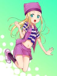 Rule 34 | 1girl, blonde hair, blush, breasts, commentary request, digimon, digimon frontier, full body, green eyes, groin, hat, highres, long hair, looking at viewer, midriff, minamikuru, navel, open mouth, orimoto izumi, shirt, skirt, small breasts, smile, socks, solo, striped clothes, striped shirt