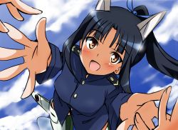 Rule 34 | 1girl, :d, animal ears, black hair, blush, brown eyes, cloud, day, flying, hair ribbon, hattori shizuka, long hair, long sleeves, military, military uniform, open mouth, outstretched arms, reaching, ribbon, sky, smile, solo focus, strike witches, striker unit, uniform, world witches series, yumekaranigeruna