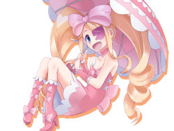 Rule 34 | 10s, 1girl, big hair, blonde hair, blue eyes, boots, bow, dress, drill hair, eyepatch, full body, hair bow, harime nui, highres, kabutogami, kill la kill, knee boots, long hair, pink bow, pink dress, pink footwear, ribbon, skirt, smile, solo, strapless, strapless dress, twin drills, twintails, umbrella, white background, wrist cuffs
