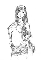 Rule 34 | 1990s (style), 1girl, abura katabura, breasts, clothes lift, final fantasy, final fantasy vii, fingerless gloves, gloves, greyscale, large breasts, long hair, low-tied long hair, monochrome, ponytail, retro artstyle, shirt lift, shorts, simple background, skirt, solo, square enix, suspender skirt, suspenders, tifa lockhart