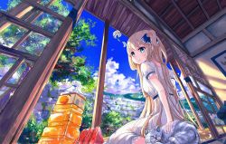 Rule 34 | 1girl, black cat, blonde hair, blue eyes, blue sky, blush, bush, c4 art, cat, closed mouth, cloud, commentary request, dress, food, from below, fruit, full body, grass, grey cat, juice, long hair, looking at viewer, one side up, orange juice, original, petting, short sleeves, sitting, sky, smile, solo, summer, thick eyebrows, tree, veranda, wall, wariza, watermelon, watermelon slice, white dress