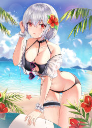 Rule 34 | 1girl, :o, absurdres, azur lane, beach, bikini, black bikini, blue sky, blush, breasts, butt crack, cleavage, cloud, collarbone, crop top, day, eyewear hang, unworn eyewear, feet out of frame, flower, front-tie top, gluteal fold, hair flower, hair ornament, heart, heart-shaped eyewear, hibiscus, highres, huge filesize, large breasts, leaf, leaning forward, lens flare, neon (hhs9444), ocean, off shoulder, open mouth, outdoors, pink-framed eyewear, red eyes, red flower, scrunchie, see-through, silver hair, sirius (azur lane), sirius (scorching-hot seirios) (azur lane), sky, soap bubbles, solo, standing, starfish, sunglasses, sunglasses around neck, swimsuit, thigh gap, thigh strap, water, wrist scrunchie