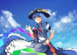 Rule 34 | 1girl, berabou, blue hair, bow, cloud, day, food, fruit, hand on own hip, hat, hinanawi tenshi, long hair, peach, red eyes, ribbon, sky, solo, touhou, translucent hair