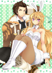 Rule 34 | 1boy, 1girl, alternate costume, alvin (tales), animal ears, ascot, bad id, bad pixiv id, blonde hair, boots, breasts, brown eyes, brown hair, cleavage, coat, detached collar, fake animal ears, full body, green background, green hair, kanaru, knee boots, large breasts, leotard, long hair, milla maxwell, multicolored hair, official alternate costume, pants, pantyhose, pink eyes, playboy bunny, rabbit ears, tales of (series), tales of xillia, two-tone hair, wrist cuffs