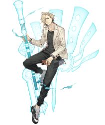 Rule 34 | 1boy, aladdin (sinoalice), beard, blonde hair, blue eyes, bracelet, cellphone, energy weapon, facial hair, full body, hair over one eye, jacket, jewelry, ji no, looking at viewer, necklace, official art, phone, polearm, reality arc (sinoalice), shoes, sinoalice, smartphone, sneakers, solo, transparent background, wallet, watch, weapon, wristwatch