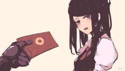 Rule 34 | 2girls, absurdres, black hair, black vest, blush, brown background, collared shirt, dana zane, dated, dot nose, envelope, giving, highres, holding, holding envelope, jill stingray, long sleeves, multiple girls, necktie, open mouth, out of frame, parted bangs, red eyes, red necktie, rnna, shirt, signature, simple background, solo focus, twintails, va-11 hall-a, vest, white shirt