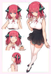 Rule 34 | 1girl, ;q, bare arms, bare shoulders, black footwear, black ribbon, black skirt, blue eyes, blunt bangs, blush, breasts, cake, cake slice, closed mouth, collared shirt, fingernails, food, frills, from side, full body, go-toubun no hanayome, hair ornament, hair ribbon, hand up, haoni, high-waist skirt, high heels, highres, holding, holding plate, large breasts, long hair, looking at viewer, multiple views, musical note, nail polish, nakano nino, neck ribbon, one eye closed, open mouth, plate, profile, purple nails, red hair, red neckwear, ribbon, shirt, shirt tucked in, skirt, sleeveless, sleeveless shirt, sweat, taut clothes, thighhighs, tongue, tongue out, two side up, upper body, v-shaped eyebrows, white shirt, white thighhighs, zettai ryouiki