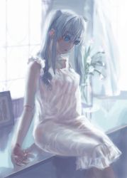Rule 34 | 1girl, bad id, bad pixiv id, blue eyes, blue hair, chemise, cowboy shot, doll joints, eyes visible through hair, female focus, flower, hair between eyes, indoors, joints, long hair, matching hair/eyes, original, photo (object), picture frame, see-through, sitting, solo, tomono rui, twintails
