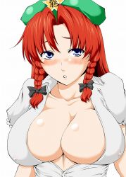 Rule 34 | 1girl, blush, bow, braid, breasts, cleavage, embodiment of scarlet devil, female focus, hair bow, hong meiling, hotpants (i&#039;m hot yet!), large breasts, red hair, simple background, solo, touhou, twin braids, white background