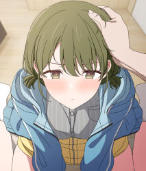 Rule 34 | 1girl, arimon (dfrgty12), blue jacket, blush, closed mouth, commentary request, green eyes, green hair, grey shirt, hand on another&#039;s head, highres, idolmaster, idolmaster shiny colors, jacket, long sleeves, looking at viewer, nanakusa nichika, pov, shirt, short hair, sitting, skirt, solo focus, striped clothes, striped shirt, vertical-striped clothes, vertical-striped shirt, yellow skirt