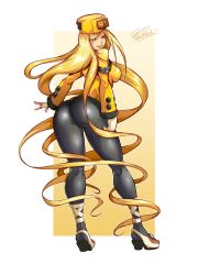 Rule 34 | 1girl, arc system works, ass, blonde hair, blue eyes, breasts, fingerless gloves, from behind, gloves, guilty gear, guilty gear xrd, hat, highres, long hair, looking at viewer, looking back, millia rage, pantyhose, shiny clothes, sideboob, smile, solo, standing, tirnanogindustries, very long hair