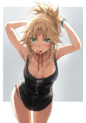 Rule 34 | 1girl, armpits, arms behind head, arms up, bad id, bad twitter id, bare shoulders, black tank top, blonde hair, blush, breasts, collarbone, fate/apocrypha, fate (series), green eyes, highres, long hair, looking at viewer, mordred (fate), mordred (fate/apocrypha), mouth hold, parted bangs, ponytail, sidelocks, small breasts, solo, tank top, thighs, tonee, tying hair