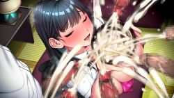 Rule 34 | 1girl, bikini, bikini top only, black hair, blush, booch, bowl, breasts, breath, censored, cheating (relationship), closed eyes, covered erect nipples, cum, cum in container, ejaculation, embarrassed, enrenchuu no toshishita kanojo ga onna ni ueta osuzaru-domo no gakuen de koubi aite ni sareteta., eyebrows hidden by hair, from above, game cg, group sex, hands up, highres, himezaki naho, holding, holding bowl, indoors, kneeling, large breasts, large nipples, long hair, mosaic censoring, netorare, open clothes, open mouth, open shirt, original, out of frame, penis, pillow, pov, projectile cum, school uniform, skirt, standing, swimsuit, tatami