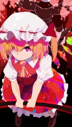 1girl absurdres ascot blonde_hair brown_footwear crystal flandre_scarlet frilled_skirt frills hat highres holding holding_weapon mob_cap puffy_short_sleeves puffy_sleeves red_eyes red_skirt red_vest short_sleeves skirt solo touhou vest weapon white_hat wings yellow_ascot yuara