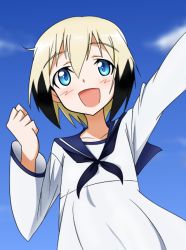 Rule 34 | 1girl, blonde hair, blue eyes, blush, cosplay, dress, erica hartmann, female focus, gradient background, miyafuji yoshika, miyafuji yoshika (cosplay), multicolored hair, open mouth, outdoors, sky, solo, strike witches, two-tone hair, upper body, world witches series, yumekaranigeruna