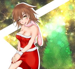 Rule 34 | 1girl, bare shoulders, breasts, bright pupils, brown eyes, brown hair, christmas, cleavage, commentary request, feet out of frame, fur-trimmed tube top, fur trim, gradient eyes, hair between eyes, head tilt, light blush, looking at viewer, medium breasts, medium hair, messy hair, misaka worst, multicolored eyes, pink scarf, red skirt, red tube top, scarf, shin (highest1192), skirt, slit pupils, smile, snowflakes, solo, sozaiyamimi, strapless, toaru majutsu no index, tongue, tongue out, tube top, white wristband, yellow eyes