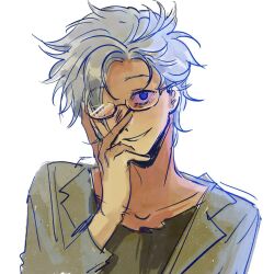 Rule 34 | 1boy, blue eyes, chinese commentary, closed mouth, collarbone, commentary request, grey hair, grey shirt, hand on own face, highres, kanou aogu, lab coat, long sleeves, male focus, moshizhi70303, open clothes, saibou shinkyoku, sanpaku, shirt, short hair, simple background, smile, solo, white background
