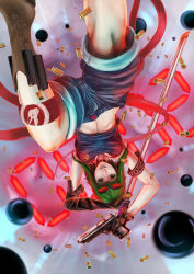Rule 34 | 1girl, :d, alnico ism, asymmetrical gloves, boots, breasts, brown gloves, buttons, cartridge case, countdown, denim, denim shorts, dual wielding, elbow gloves, gloves, goggles, gradient background, green hair, gumi, gun, handgun, highres, holding, looking at viewer, mismatched gloves, open mouth, pistol, shorts, sleeveless, smile, solo, sword, tank top, upside-down, vocaloid, weapon