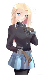 Rule 34 | 1girl, absurdres, black pantyhose, black shirt, blonde hair, blue eyes, blue skirt, blush, clara (girls und panzer), closed mouth, commentary, cowboy shot, earrings, flying sweatdrops, fur-trimmed shirt, fur trim, girls und panzer, girls und panzer senshadou daisakusen!, gloves, grey gloves, hand on own chest, high collar, highres, jewelry, light frown, long hair, looking at viewer, miniskirt, necklace, official alternate costume, oze (xyz go go11), pantyhose, print skirt, shirt, simple background, skirt, solo, standing, white background