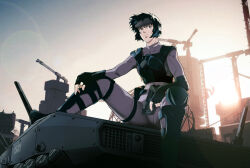 1girl bodysuit building bulletproof_vest crane_(machine) fingerless_gloves ghost_in_the_shell gloves gun handgun head-mounted_display highres kusanagi_motoko lens_flare on_rooftop scenery shuten_(project_sky) sky solo sunlight sunrise weapon