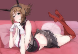 Rule 34 | 10s, 1girl, amami amayu, belt, breasts, brown hair, feet, gloves, green eyes, headgear, kantai collection, large breasts, looking at viewer, lying, miniskirt, mutsu (kancolle), personification, pillow, red thighhighs, short hair, skirt, smile, solo, thighhighs, white gloves