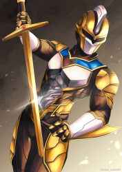 Rule 34 | 1boy, absolute titan, alien, arm blade, armor, breastplate, full armor, gloves, gold armor, highres, holding, holding sword, holding weapon, knight, long sword, looking at viewer, pauldrons, piaceen3870, shoulder armor, sword, tokusatsu, ultra galaxy fight: the destined crossroad, ultra series, weapon