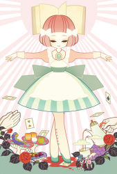 Rule 34 | 1girl, alice (alice in wonderland), alice in wonderland, ambiguous red liquid, apple, apron, back bow, berry, blue bow, blue footwear, blue headwear, blue skirt, book, bow, brooch, card, caterpillar (alice in wonderland), checkerboard cookie, closed eyes, cloud, commentary, cookie, cup, cupcake, flower, food, fruit, gloves, hair bow, hat, heart, jewelry, long sleeves, mad hatter (alice in wonderland), march hare (wonderland), mushroom, outstretched arms, pastel colors, pink hair, pink shirt, playing card, pouring, rarara-men, raspberry, rose, saucer, shirt, short hair, skirt, skull, spade (shape), spread arms, standing, striped clothes, striped skirt, stuffed animal, stuffed rabbit, stuffed toy, sunburst, sunburst background, tea, teacup, teapot, top hat, white bow, white legwear