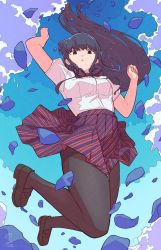 Rule 34 | 1girl, arm up, black hair, black pantyhose, blue sky, bow, bowtie, breasts, brown footwear, clothes lift, cloud, commentary request, day, diagonal-striped bow, diagonal-striped bowtie, diagonal-striped clothes, diagonal-striped neckwear, diagonal-striped skirt, floating hair, from below, hands up, high-waist skirt, highres, jumping, komi-san wa komyushou desu, komi shouko, ligne claire, loafers, long hair, looking at viewer, looking down, norikoi, outdoors, pantyhose, parted lips, petals, pleated skirt, purple eyes, school uniform, shirt, shoes, short sleeves, sidelocks, signature, skirt, skirt lift, sky, solo, striped bow, striped bowtie, striped clothes, striped neckwear, striped skirt, thighband pantyhose, white shirt, wind, wind lift