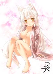 Rule 34 | 1girl, animal ear fluff, animal ears, areola slip, arm support, bare legs, barefoot, blush, bottomless, breasts, closed mouth, collarbone, convenient leg, fox ears, fox girl, fox tail, full body, hime cut, kohaku (yua), long sleeves, looking at viewer, medium breasts, open clothes, original, short eyebrows, sitting, slit pupils, smile, solo, tail, white hair, yellow eyes, yua (checkmate)