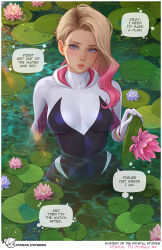 Rule 34 | 1girl, asymmetrical hair, blonde hair, blue eyes, bodysuit, border, breasts, colored tips, commentary, english commentary, english text, eyebrow piercing, flower, gradient hair, gwen stacy, highres, holding, hood, hooded bodysuit, lily pad, lips, long hair, looking at viewer, marvel, medium breasts, multicolored bodysuit, multicolored clothes, multicolored hair, one eye closed, partially submerged, patreon username, piercing, pink flower, pink hair, prywinko, speech bubble, spider-gwen, spider-man: across the spider-verse, spider-man: into the spider-verse, spider-man (series), spider-verse, two-tone hair, wading, water, web print, wet, white border