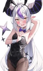 Rule 34 | 1girl, absurdres, animal ears, armpits, blush, bow, bowtie, breasts, detached collar, fake animal ears, fishnet pantyhose, fishnets, flying sweatdrops, green tea (greente42869067), grey hair, highres, hololive, horns, la+ darknesss, leotard, long hair, looking at viewer, multicolored hair, open mouth, pantyhose, playboy bunny, purple hair, rabbit ears, simple background, small breasts, tail, two-tone hair, very long hair, virtual youtuber, white background, wrist cuffs