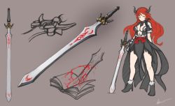 Rule 34 | 1girl, ankle boots, arceonn, book, boots, breasts, center opening, character sheet, high heels, horns, long hair, open book, simple background, solo, sword, weapon, yellow eyes