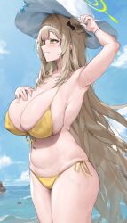 Rule 34 | 1girl, absurdres, armpits, bikini, blue archive, blush, breasts, cleavage, collarbone, cowboy shot, day, front-tie bikini top, front-tie top, green eyes, green halo, grin, halo, hat, highres, large breasts, light brown hair, long hair, navel, nonomi (blue archive), nonomi (swimsuit) (blue archive), ocean, official alternate costume, outdoors, samart, side-tie bikini bottom, smile, solo, swimsuit, white hat, yellow bikini