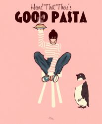 Rule 34 | 1girl, bird, black hair, blending, blue footwear, blue pants, english text, food, hair bun, highres, holding, holding food, original, pants, pasta, penguin, pink background, plate, red nails, shirt, shirt tucked in, shoes, signature, simple background, solo, spaghetti, steam, striped clothes, striped shirt, syooooyoooo, wide shot