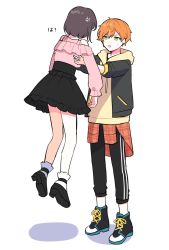 Rule 34 | 1boy, 1girl, anger vein, black footwear, black jacket, black pants, black skirt, bow, braid, brother and sister, brown hair, clothes around waist, commentary request, double vertical stripe, drawstring, ear piercing, frilled skirt, frills, hair bow, highres, holding person, hood, hood down, hoodie, jacket, jacket around waist, orange hair, orange jacket, pants, piercing, pink shirt, plaid, plaid jacket, project sekai, shinonome akito, shinonome ena, shirt, shoes, short hair, siblings, skirt, sneakers, socks, sweat, translated, waka (wk4444), white bow, white legwear, yellow hoodie