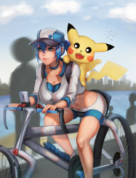Rule 34 | 1girl, baseball cap, bicycle, bike shorts, blue eyes, blue hair, breasts, cellphone, choker, cleavage, closed mouth, cloud, collarbone, creatures (company), crop top, day, female protagonist (pokemon go), game freak, gen 1 pokemon, hair between eyes, hat, highres, large breasts, leaning forward, mayrel, navel, nintendo, outdoors, phone, pikachu, pokemon, pokemon (creature), pokemon go, ponytail, riding, sky, sleeves rolled up, smartphone, smile, stomach