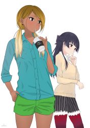 Rule 34 | 2girls, arm up, bad id, bad pixiv id, black eyes, black hair, black shorts, blonde hair, blue shirt, blunt bangs, bow, cowboy shot, cup, dark-skinned female, dark skin, disposable cup, drinking straw, earrings, gradient hair, green shorts, gyaru, hair bow, half updo, hand in pocket, hand on own chin, head tilt, highres, holding, holding cup, idolmaster, idolmaster shiny colors, izumi mei, jewelry, lace-trimmed shorts, lace trim, long hair, long sleeves, looking to the side, low twintails, mayuzumi fuyuko, multicolored hair, multiple girls, pantyhose, red legwear, shirt, shirt under sweater, shorts, simple background, sleeves rolled up, standing, striped clothes, striped shorts, sweater, swept bangs, t7s-kuroro, twintails, twitter username, untucked shirt, vertical-striped clothes, vertical-striped shorts, white background, white shirt