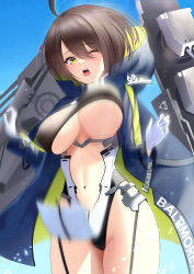 Rule 34 | 1girl, absurdres, ahoge, azur lane, baltimore (azur lane), blue background, blue coat, blush, bouncing breasts, braid, breasts, brown hair, character name, clothes lift, clothes writing, clothing cutout, coat, commentary, covered erect nipples, cowboy shot, french braid, garter straps, gloves, groin, hair between eyes, highres, hood, hood down, hooded coat, large breasts, long sleeves, looking at viewer, motion blur, multicolored coat, navel, one eye closed, open mouth, pelvic curtain, pelvic curtain lift, rigging, short hair, sidelocks, solo, standing, stomach, stomach cutout, teeth, turret, underboob, underboob cutout, w arms, white gloves, yellow eyes, you (yoyou)
