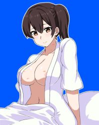 Rule 34 | 10s, 1girl, alternate costume, areola slip, bad id, bad pixiv id, black hair, blush, breasts, brown eyes, closed mouth, collarbone, hair between eyes, hickey, kaga (kancolle), kantai collection, lipstick mark, looking at viewer, medium breasts, navel, open clothes, open shirt, pajamas, shirt, short hair, side ponytail, smile, solo, tawashi1623, under covers