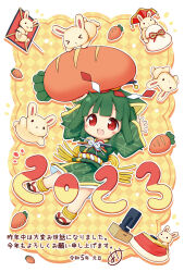 Rule 34 | &gt; &lt;, 1girl, :d, aikei ake, animal, argyle, argyle background, argyle clothes, arms up, black footwear, box, cardboard box, carrot, chibi, chinese zodiac, commentary request, flat screen tv, green kimono, grey hair, highres, japanese clothes, kadomatsu, kimono, kite, kotatsu, long sleeves, nengajou, new year, open mouth, original, personification, rabbit, red eyes, sandals, sleeves past wrists, smile, solo, table, television, translation request, wide sleeves, year of the rabbit, zouri