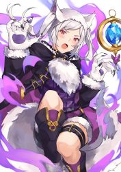 Rule 34 | 1girl, animal ears, animal hands, aura, dark aura, fire emblem, fire emblem awakening, fire emblem heroes, fur trim, gloves, grima (fire emblem), halloween costume, highres, kamu (kamuuei), long sleeves, nintendo, open mouth, paw gloves, red eyes, robin (female) (fire emblem), robin (fire emblem), shorts, solo, tail, thigh strap, twintails, white hair, wolf ears, wolf tail
