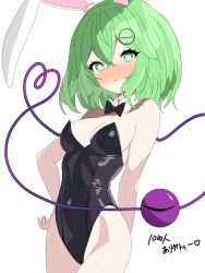 Rule 34 | 1girl, animal ears, black bow, black bowtie, black leotard, blush, bow, bowtie, breasts, cleavage, closed mouth, commentary request, covered navel, cowboy shot, crossed bangs, detached collar, green eyes, green hair, heart, heart-shaped pupils, heart of string, highres, komeiji koishi, leotard, looking at viewer, medium breasts, milestone celebration, rabbit ears, short hair, simple background, solo, symbol-shaped pupils, third eye, tokihakonbu, touhou, white background