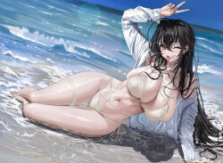 Rule 34 | 1girl, ahoge, anti kumo, azur lane, beach, bikini, breasts, cleavage, criss-cross straps, crossed bangs, hand up, highres, huge breasts, jacket, large breasts, long hair, lying, ocean, off shoulder, official alternate costume, on side, one eye closed, partially submerged, red eyes, stomach, string bikini, swimsuit, taihou (azur lane), taihou (seaside daydreams) (azur lane), thigh strap, tongue, tongue out, v, wet bikini, white bikini, white jacket