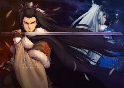 Rule 34 | 2boys, arm guards, black hair, cape, character request, comiket 91, crown, feathers, holding, holding weapon, long hair, looking at viewer, multiple boys, nira (niratoro), red eyes, scabbard, shang bu huan, sheath, sword, thunderbolt fantasy, weapon, white hair, yellow eyes