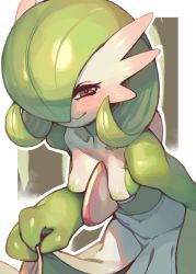Rule 34 | 1girl, blush, breasts, closed mouth, collarbone, colored skin, creatures (company), female focus, furry, furry female, game freak, gardevoir, gen 3 pokemon, gloss (hotglossed), green hair, green skin, hair over one eye, half-closed eyes, hand up, highres, leaning forward, looking at viewer, multicolored skin, nintendo, nipples, nose blush, outline, pokemon, pokemon (creature), red eyes, seductive smile, shiny skin, short hair, small breasts, smile, solo, standing, two-tone skin, white outline, white skin